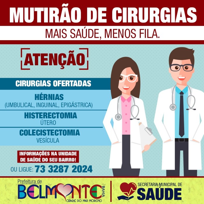 Prefeitura de Belmonte garantirá acesso de pacientes ao Mutirão de Cirurgias.