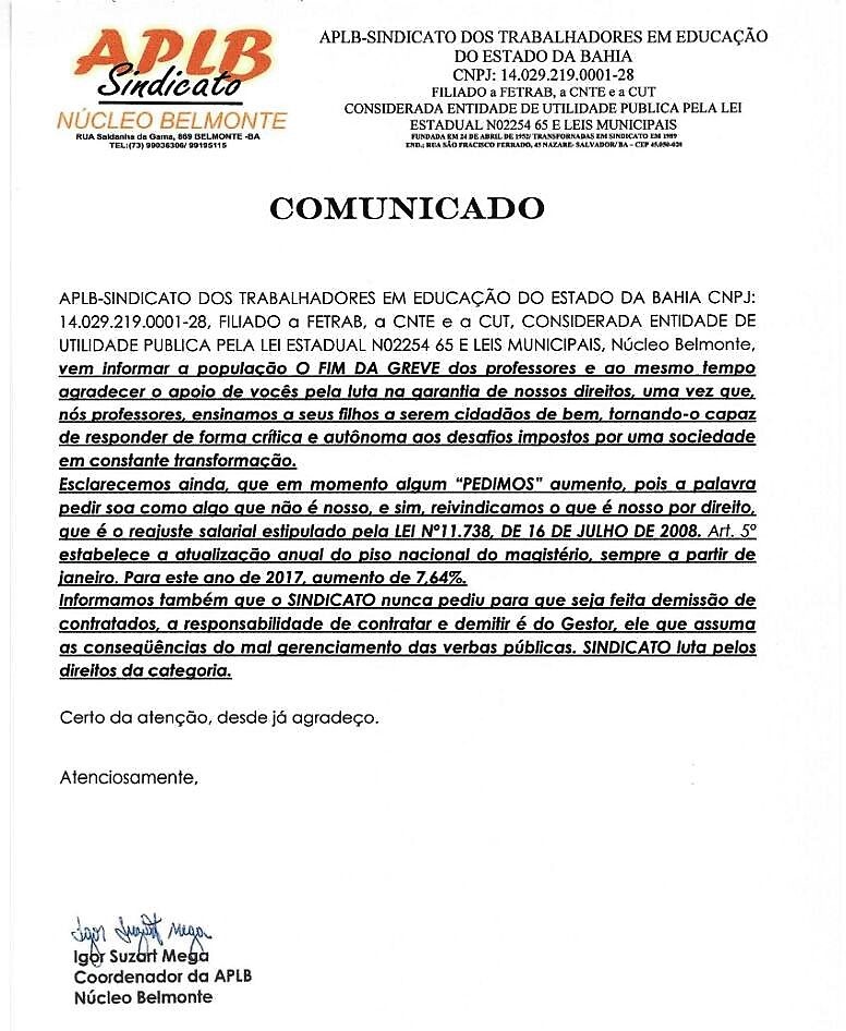 APLB de Belmonte emite comunicado informando o fim da greve dos professores.