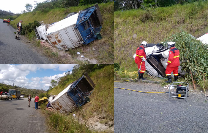 Caminhão do Lixo que presta serviço em Barrolândia tomba na BA-275, próximo a Petrolândia.