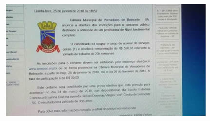 Câmara de Vereadores analisa punir judicialmente responsáveis por falsa notícia de concurso.