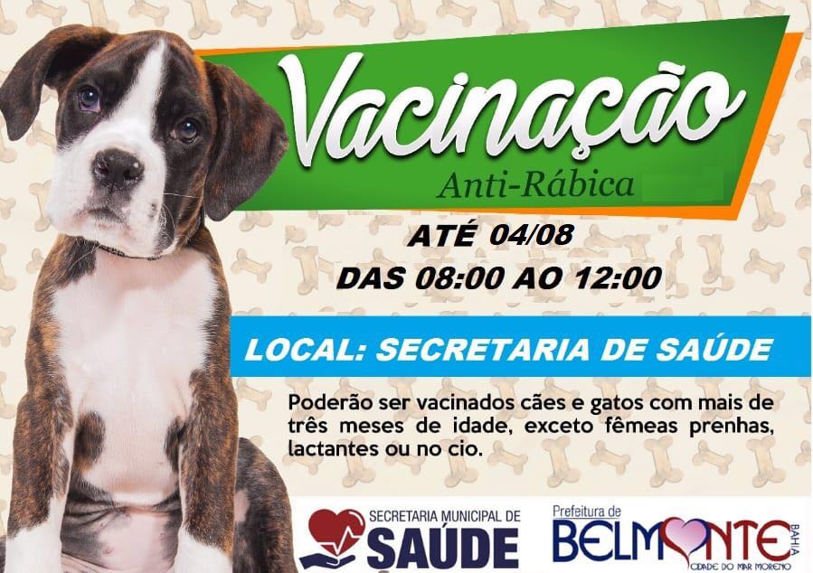 Secretaria de Saúde anuncia campanha de vacinação de cães e gatos em Belmonte.