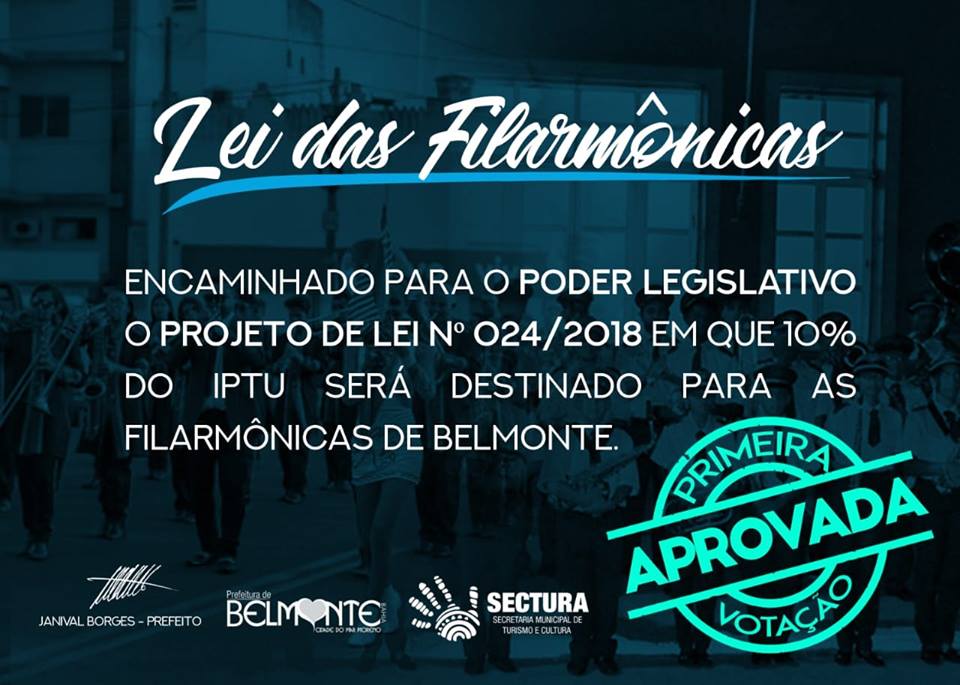Câmara aprova em 1ª Votação Projeto de Lei que transfere recursos do IPTU para filarmônicas de Belmonte.