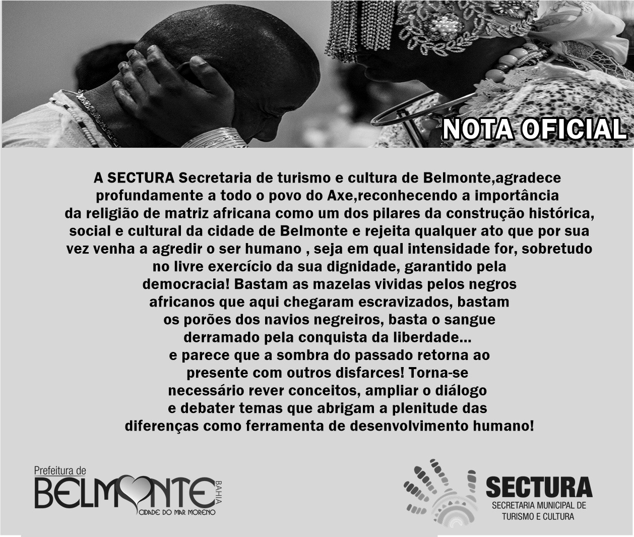 Secretaria de Turismo e Cultura de Belmonte emite nota sobre intolerância religiosa.