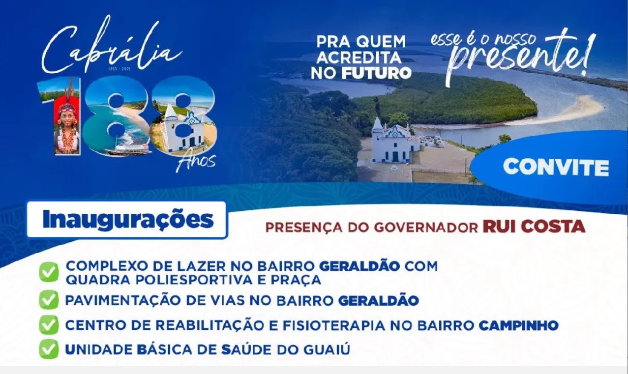 Governador Rui Costa estará com o Prefeito Agnelo Santos nos festejos dos 188 anos de Santa Cruz Cabrália.